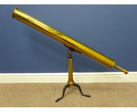 19th century Dollond of London brass two draw astronomical telescope No. 10300, with rack & pinion adjust on folding part iro