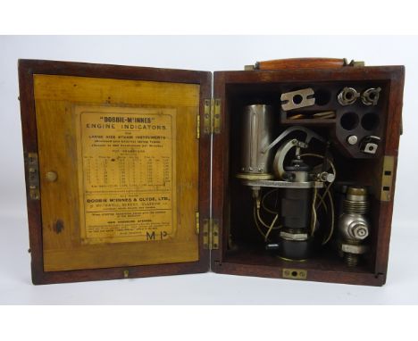 20th century Dobbie-McInnes Patent Engine Indicator for large size steam instruments, Pattern A, in fitted mahogany box, with