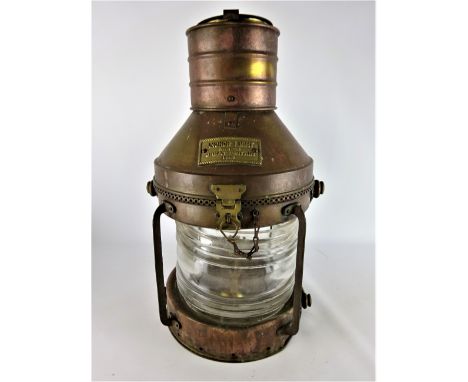 Ships copper Anchor light, clear glass with brass plaque, No125, Great Britain 1919, H45cm   Condition Report   Click here fo