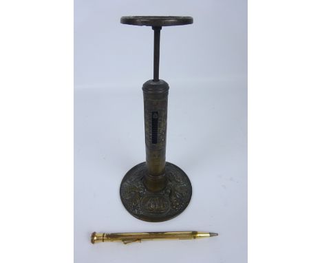 19th Century bronzed candlestick postal scale to weigh ounces and pence, the domed base embossed with a paddle steamer, a roc