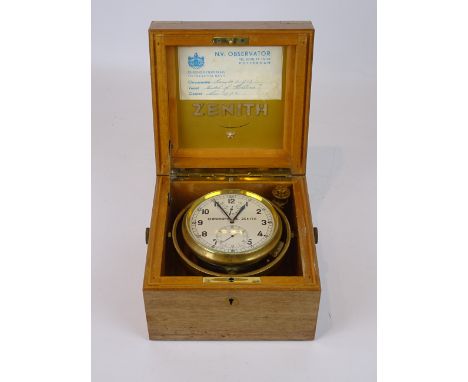 Small two day marine chronometer, the 3" white dial signed Chronometre Zenith, with subsidiary state of wind and seconds dial