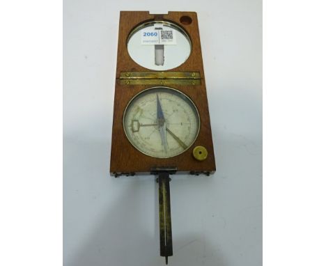 Early 20th century French mahogany, boxwood & brass Compass Clinometer, paper dial printed "Systeme du COLONEL PEIGNE", hinge
