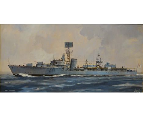 'HMS Corunna D97' - Naval Ship's Portrait, oil on board signed and titled by Don Micklethwaite 37cm x 75cm   Condition Report