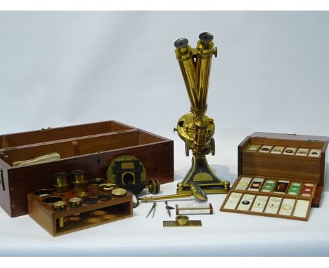 Late 19th century black enamel and brass folding base binocular microscope, by R & J Beck London, London & Philadelphia, No. 