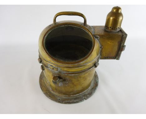 20th century small brass compass binnacle, with handle, viewing panel & lamp housing, grey spirit filled compass with printed