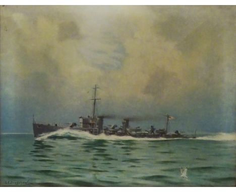 British World War I Destroyer - Naval Ships Portrait, oil on canvas signed by George Fagan Bradshaw (Irish 1887-1960), 59cm x