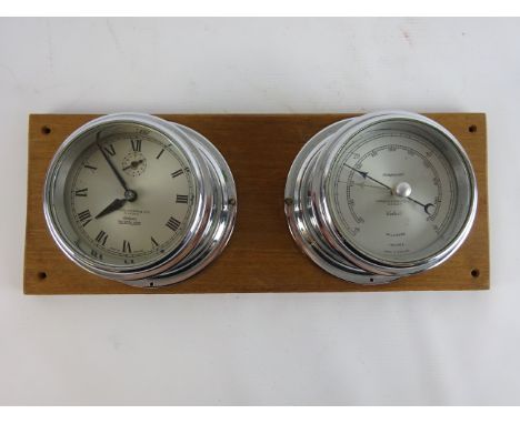 Johnson-Lawrence Ltd. Glasgow 'Celste' Yachtalarm & Compensated Aneroid Barometer, both with silvered dials in chromed cases 