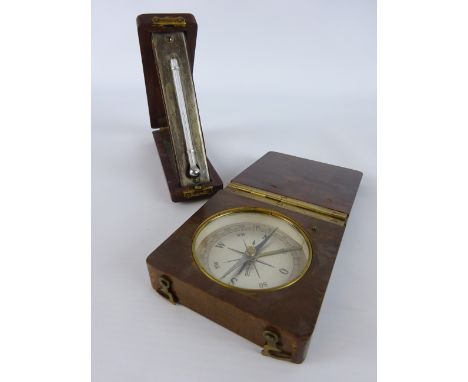 20th century wooden cased travelling compass with silvered dial W8cm & a mahogany cased travelling folding thermometer, L13cm