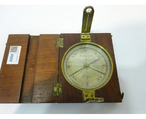 19th century brass & mahogany Surveyors Vernier Compass with folding sight vanes, silvered dial inscribed  Abraham & Co.Glasg