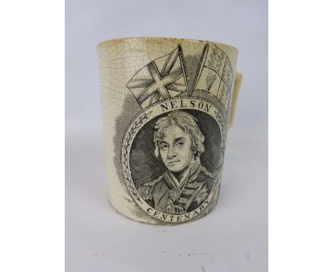 Nelson centenary mug, transfer printed with portrait & England Expects motto, H11cm. Provenance: Joost Slingerland Collection