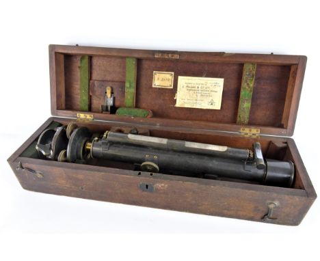 Troughton & Simms London japanned metal & brass level, with rack & pinion focus and compass in fitted mahogany box No. A 2035