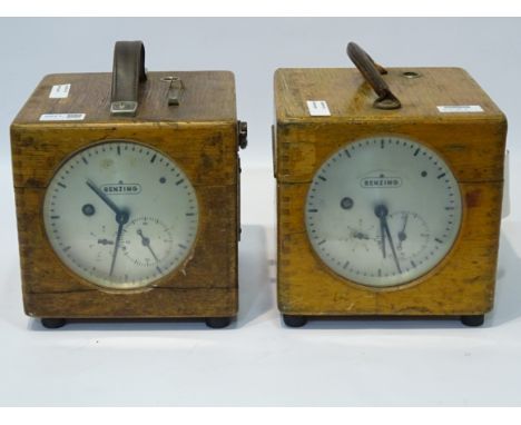 Benzing oak cased Pigeon racing time clock, No.176625, another 168404, both with clockwork movements, W20cm (2)   Condition R