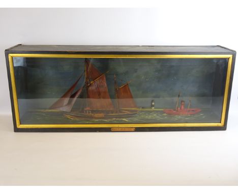 Cased diorama of the Grimsby fishing boat 'Jane' & Humber 'Bull Fort' light ship passing Spurn Point, titled Jane GY 101, W10