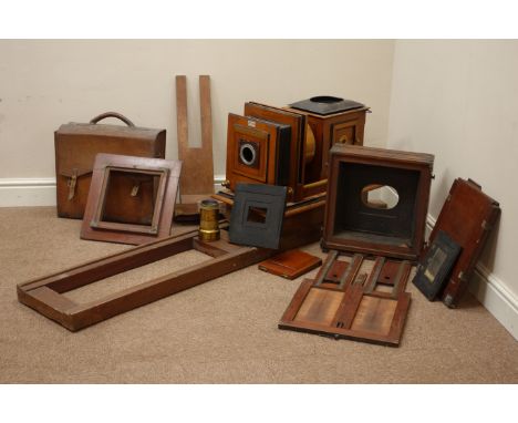 Large early 20th century mahogany & brass magic lantern type projector by Sinclair London on a track, lacks burner & chimney 