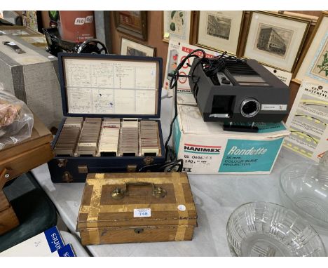 A VINTAGE SLIDE BOX, STORAGE BOX AND RONDETTE SLIDE PROJECTOR 