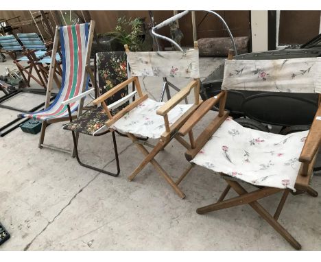 FOUR GARDEN CHAIRS TO INCLUDE A VINTAGE STRIPED DECK CHAIR, TWO FLORAL DIRECTORS CHAIRS AND A FOLDING CHAIR 