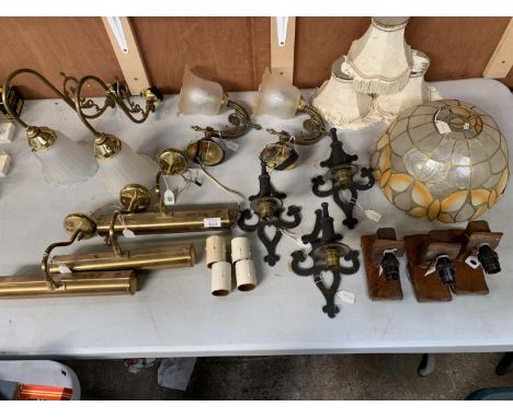 A COLLECTION OF GLASS LAMP SHADES , LIGHT FITTINGS ETC 