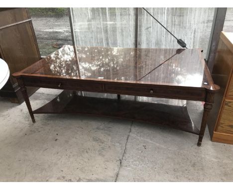 A LARGE BURR WALNUT COFFEE TABLE WITH LOWER SHELF 