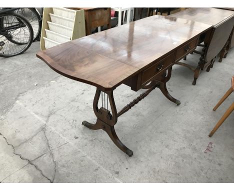 A MAHOGANY DROP END SOFA TABLE WITH TWO DRAWERS 