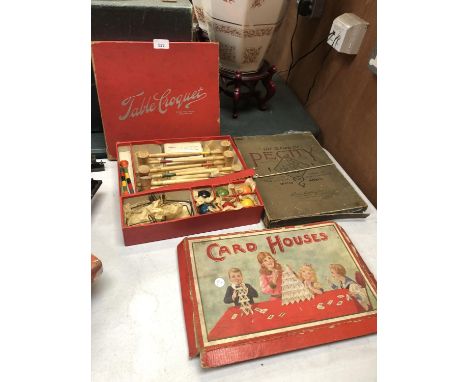 A VINTAGE WOODEN TABLE CROQUET SET TOGETHER WITH TWO GAMES 