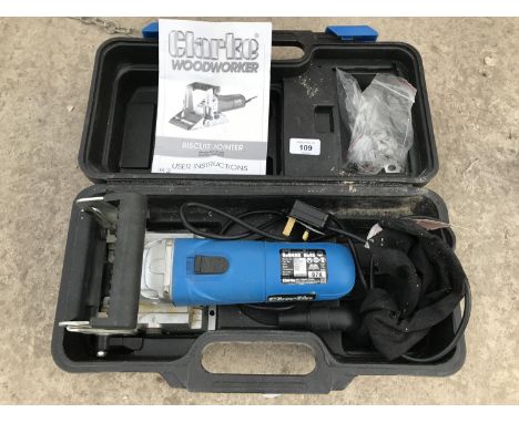 A CLARKE WOODWORKER 240 VOLT BISCUIT JOINTER - MODEL BJ300 WITH CASE AND INSTRUCTION MANUAL - SOLD IN WORKING ORDER 
