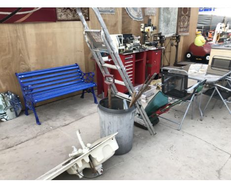 VARIOUS GARDEN ITEMS AND HARDWARE TO INCLUDE ALLOY STEP LADDERS, SPADE, ELECTRIC MOWER, SINK ETC 