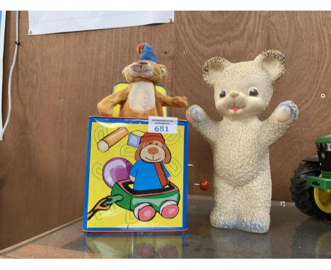 A METAL JACK IN THE BOX TOY AND VINTAGE SQUEAKY TEDDY TOY 