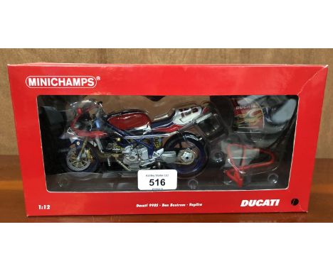 A BOXED 1:12 SCALE MINICHAMPS DUCATI 9985 BEN ROSTRUM DIE CAST MODEL 