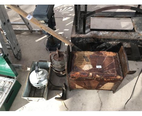 A STORM LANTERN, SHOE LAST, GALVANISED TIN ETC 