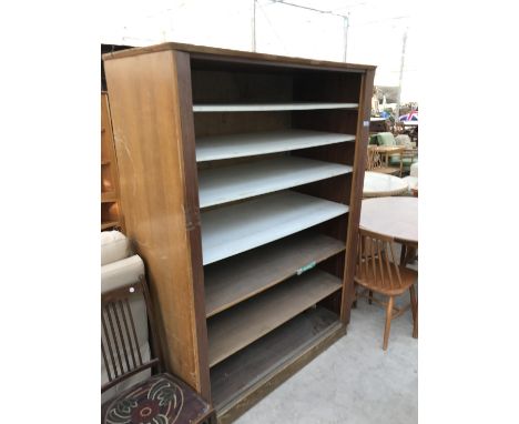 A VINTAGE MAHOGANY AND TEAK SHOP CABINET WITH INNER SHELVING 