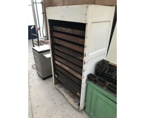 A VINTAGE BAKERY TALL WOODEN STORAGE UNIT WITH PULL OUT WOODEN TRAYS  164CM X 86CM X 54CM 