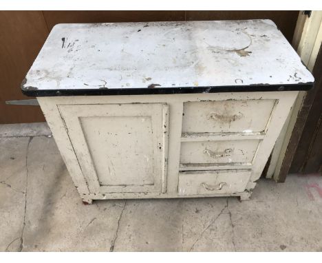 A VINTAGE KITCHEN CABINET WITH ENAMEL TOP 