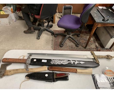 A COLLECTION OF COLLECTABLE KNIVES, SWORDS AND OTHER TOOLS 