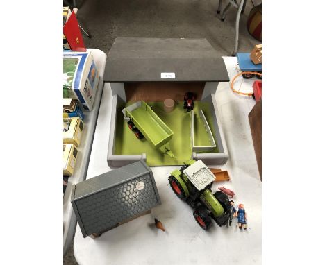 A WOODEN FARMYARD BUILDING TRACTOR AND TRAILER MODEL ETC 