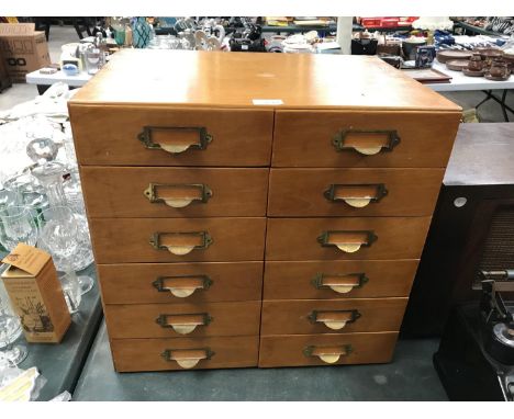 A VINTAGE WOODEN FILING CABINET WITH TWELVE DRAWERS HEIGHT 48 CM, WIDTH 50 CM 