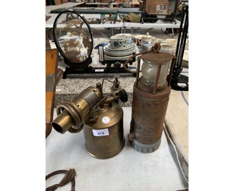 A VINTAGE MINERS LAMP AND A SWEDISH BLOW TORCH 