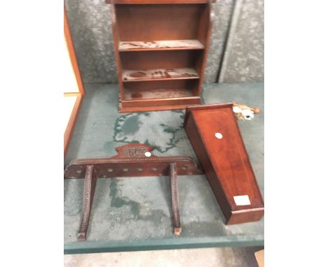 THREE MAHOGANY ITEMS - A MINIATURE BOOKCASE, CANDLE BOX AND A SMALL SHELF 