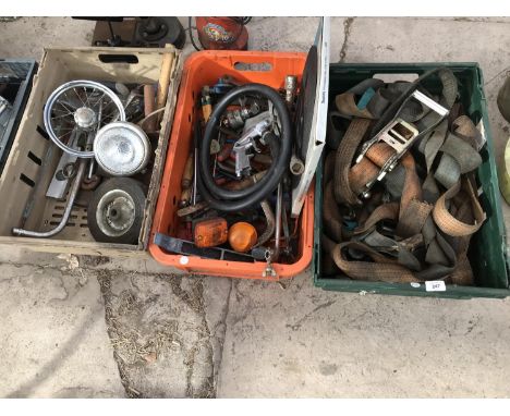 THREE BOXES OF RATCHET STRAPS, TOOLS AND HARDWARE 