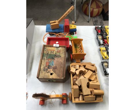 A GROUP OF VINTAGE WOODEN TOYS, JIGSAW BOX ETC 