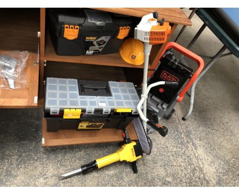 A GROUP OF CHILDREN'S PLAY TOOLS, TOOL BOXES ETC 