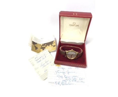 A 1977 GENTS BOXED MANUAL WIND OMEGA GENEVE WATCH, WITH ORIGINAL BOX AND PAPERS, WORKING 