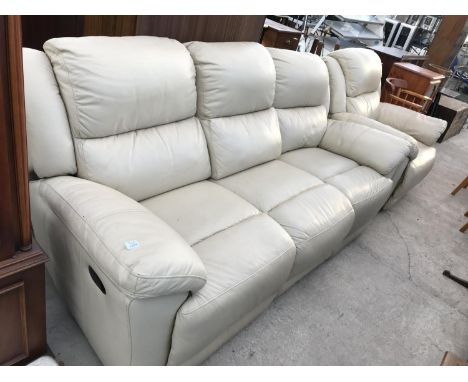 A CREAM LEATHER THREE SEATER SOFA AND ARMCHAIR 