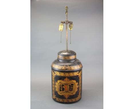 An old Toleware Chinese metal tea caddy mounted as a table lamp, overal H. 83cm.