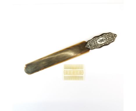 A 19th /early 20thC Indian horn and camel bone page turner, L. 72cm. Together with a carved camel bone comb.