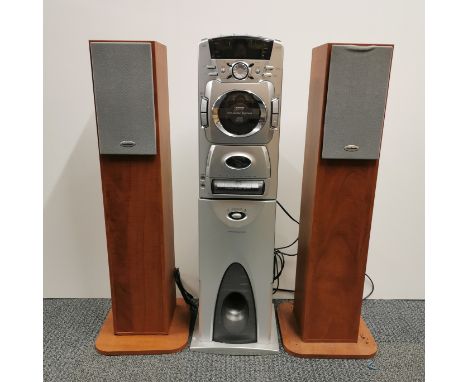 A Goodmans 1780S hifi music system together with a pair of 1780S floor standing speakers (one base detached) speaker H. 79cm.