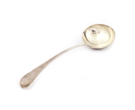 A George III silver soup ladle,by William Eley and William Fearn, London 1802,old English pattern, crest engraved,31cm long, 