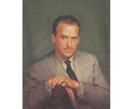 *Johan van der Linde Jr (Dutch, 1887-1956)Portrait of Douglas Fairbanks Jr, half length, seated, in a grey suit, 1947signed '