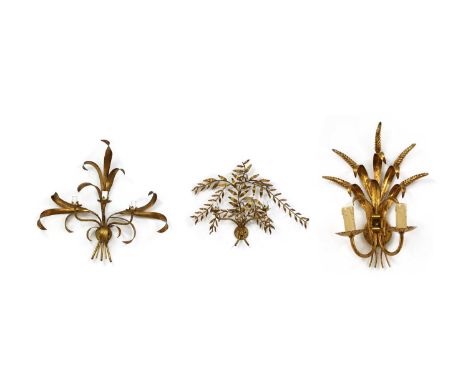 A gilt metal two-branch wall light,of laurel branches,71cm wide50cm high,a three-branch wall light of palm leaves,65cm wide61