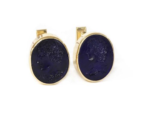A pair of American blue glass oval intaglio cufflinks,each intaglio depicting the profile of a classical male head, rub set t