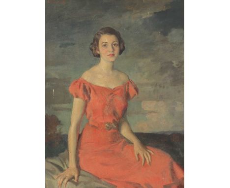 Louis Betts (American, 1873-1961)Portrait of Mary Lee Fairbanks, née Epling, three-quarter length, seated, in a red dresssign